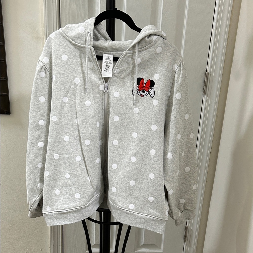 Disney Gray Polka Dot Zip Hoodie with Red Bow Minnie